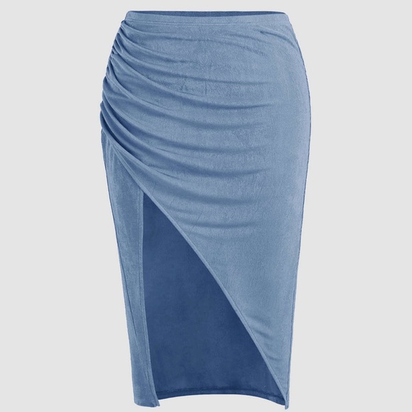 Cider Dresses & Skirts - Cider Blue Midi Pencil Skirt with Ruched Slit